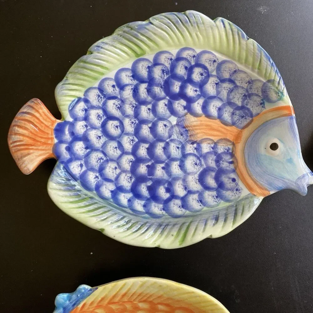 Pier 1 One Lot Of 4 Hand Painted Brightly Colored Mix & Match Fish Plates